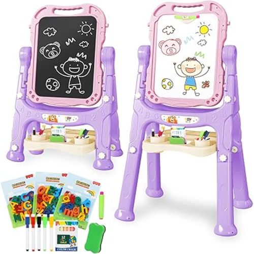 TOY Life Easel for Kids Art Easel for Toddler Easel - 4in1 Double-Sided Large Magnetic Board Kids Chalkboard Easel Drawing White Board for Kids Magnetic Letters & Numbers Pink Easel for Girls