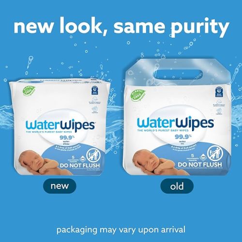 WaterWipes Original Baby Wipes, 99.9% Water, 3-In-1 Cleans, Cares, Protects, Unscented & Hypoallergenic, 300 Count (5 Packs), Packaging May Vary