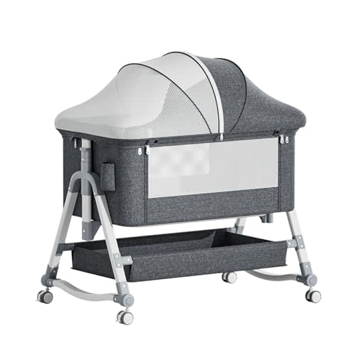 Jaoul 4 in 1 Baby Bassinet Bedside Sleeper Baby Crib, Adjustable Cosleeper for Baby, Easy Folding Portable Baby Bed Rocking Bassinets with Comfy Mattress Mosquito Net Storage for Infant Newborn Gray