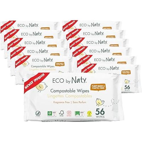 Eco by Naty Baby Wipes Unscented - 100% Compostable and Plant-Based Wipes, Good for Babies and Newborn Sensitive Skin (672 Count - 12 packs of 56)