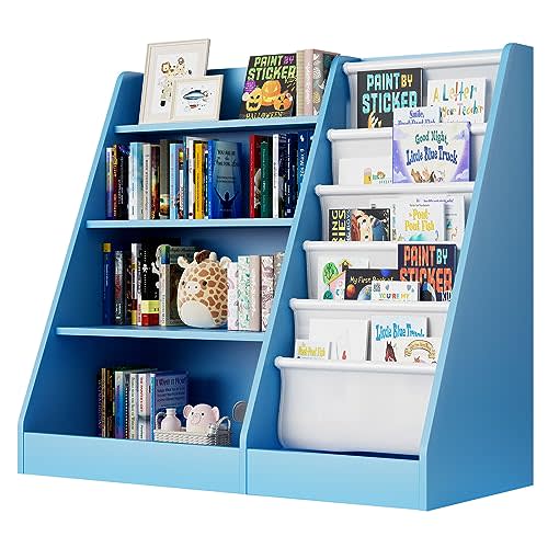 Blue 4 Tier Kids Wooden Bookshelf,Five Layer Sling Bookcase,Baby Storage Book Rack,Child Book and Toy Organizer Cabinet Chest,Toddler Book Display Playroom Kids Room Bedroom Classroom Nursery Library