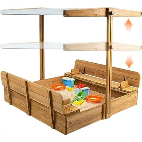 Wooden Sandbox with Cover, Sand Boxes for Kids Outdoor with Lid, Sandbox with 2 Foldable Bench Seats for Backyard (47x47in), UV-Resistant & Adjustable Height Roof, Gift for Ages 2-8