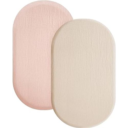 Konssy 2 Pack Muslin Fitted Bassinet Sheets for Baby Girl Boy, Soft Breathable Baby Bassinet Sheets Fit for Baby Bassinets, Cradle, Moses Basket Oval Rectangle Pad/Mattress (Pink,Summer Wheat)