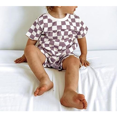 Karuedoo Newborn Baby Boy Girl Clothes Checkered T-Shirt Bubble Romper Oversized Short Sleeve Onesie One-Piece Summer Outfit