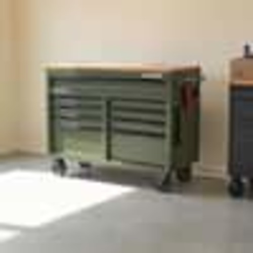 Husky 46 in. W x 18.1 in. D 9-Drawer Army Green Mobile Workbench Cabinet with Solid Wood Top H46X18MWC9ARMY-M