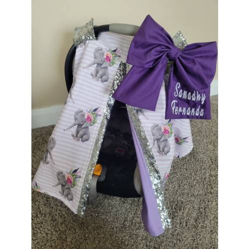 Elephant Carseat Cover, Lavender Elephant w/ Silver Sparkle, Personalized Baby Shower Gift, Baby Girl Car Seat Canopy