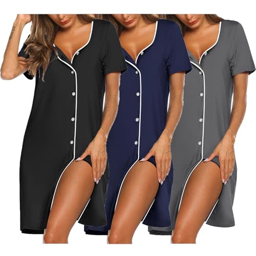 Ekouaer Nightgowns for Women 3 Pack Sleep Shirts Button Down Pajama Dress Short Sleeve Nightshirt Sleepwear Nightdress