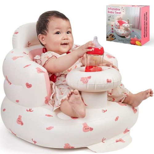 Inflatable Baby Seat for Infants 4-36 Months,Sit Me Up Floor Seat for Baby with Tray and Back Support,Learning to Sit,Includes Built-in Air Pump(Pink Bunny)