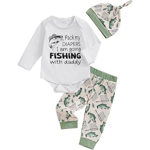 Lamuusaa Newborn Baby Boy Outfits Long Sleeve Fishing with Daddy Romper Bodysuit Fish Patterns Long Pants Hat Fall Outfit