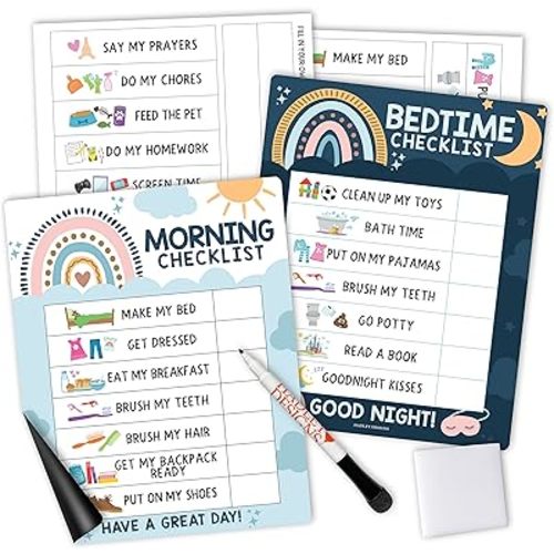 Magnetic Morning & Bedtime Routine Chart for Kids - Customizable Toddler Daily Schedule Board with Dry Erase Surface, Stickers & Marker, Build Habits with Visual Checklists, Boho Theme