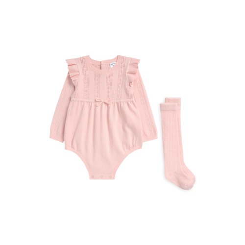 Pointelle Long Sleeve Sweater Romper & Socks Set, 3M