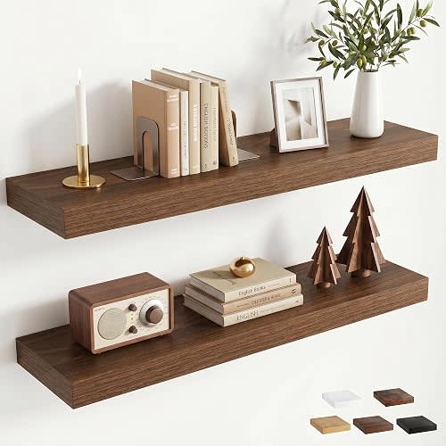 32 inchs Floating Shelves for Wall Mounted Set of 2,Rustic Wood Floating Shelf with Invisible Brackets for Small Bathroom,Bedroom,Living Room,Modern Home Decor -Walnut Color