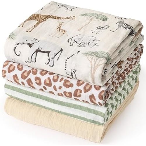 david's kids 4 Pack Baby Muslin Swaddle Blankets, 100% Cotton and Ultra Soft Breathable Receiving Blanket Wrap for Boys Girls, New Born Essentials, Large 47 x 47 inches, Animals