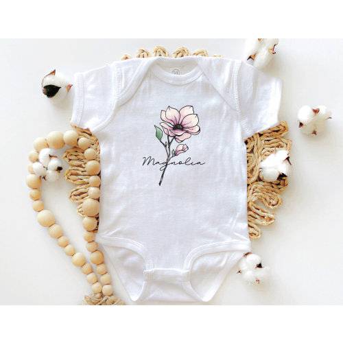 Magnolia Baby Bodysuit, Personalized Birth Flower Bodysuit, Cute Floral Bodysuit, Custom Girl Bodysuit, Magnolia Baby Clothes, May Baby Gift
