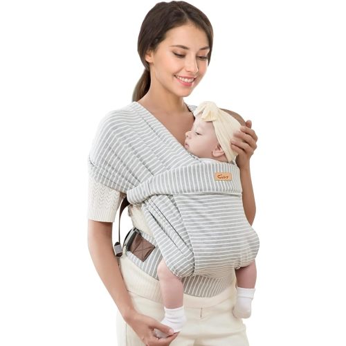 CUBY Baby Wraps Carrier, Skin-Friendly and Soft Cotton Front Newborn Carrier Wrap, One Size Fits All for Newborn Toddlers- Hands Free Baby Wearing Wrap for Travel Outdoor Gifts (Grey Stripe)