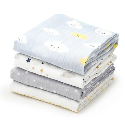 david's kids 4 Pack Baby Muslin Swaddle Blankets, 100% Cotton and Ultra Soft Breathable Receiving Blanket Wrap for Boys Girls, New Born Essentials, Clouds