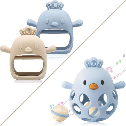 Baby Teething & Rattle Toy Set for Over 3 Months, Food Grade Silicone Teething Mitten and Rattle Teething Toy