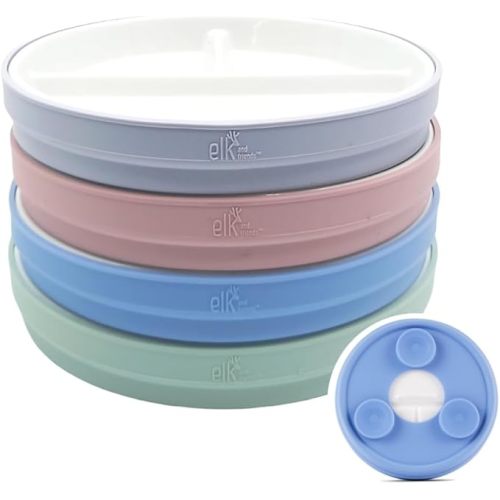 Elk and Friends Kids 6.7” Porcelain Divided Plates with Silicone Suction Sleeves | Suitable for Babies/Kids/Toddlers | Microwave & Dishwasher Safe | Non Slip | Snack Dishes