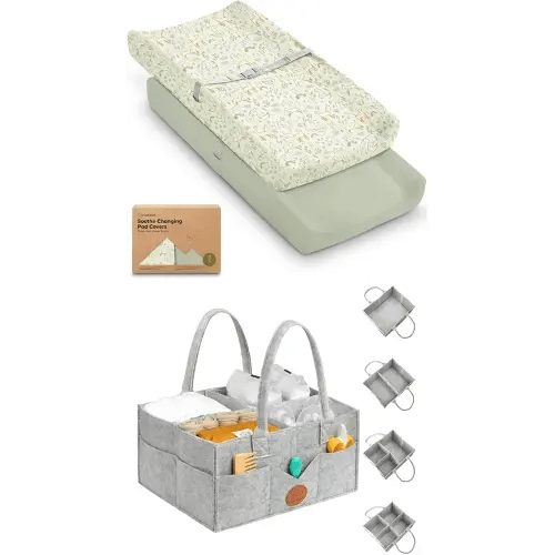 KeaBabies 2-Pack Changing Pad Covers for Girl, Boy and Baby Diaper Caddy Organizer - 100% Cotton Changing Table Pad Cover, Large Baby Organizers and Storage for Nursery