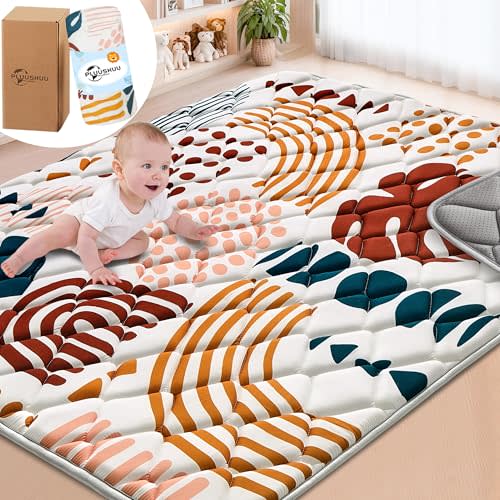PLUUSHUU Baby Play Mats for Floor, 71x59 Playpen Mat for Babies, Extra Thicker & Soft Floor Crawling Mat, Foldable Non-Slip Playmat Cushioned for Infants Toddlers, Boho Leaf Design