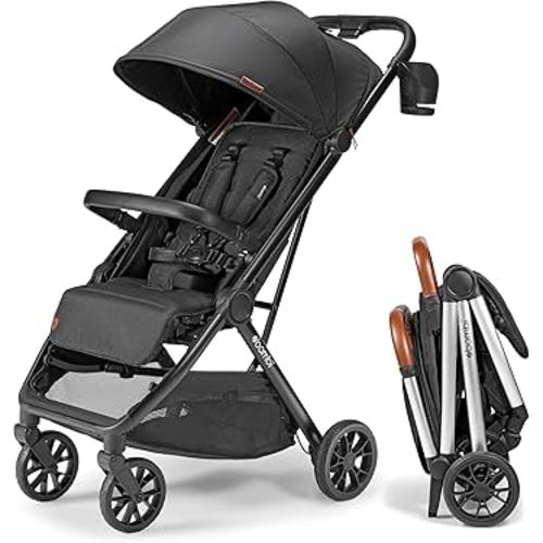 Bombi Bēbee V2 Lightweight Baby Stroller - Premium Vegan Leather, One-Hand Fold, Infinite Recline, Aircraft-Grade Aluminum Frame, XXL Canopy, and Ample Storage Umbrella Stroller - Onyx
