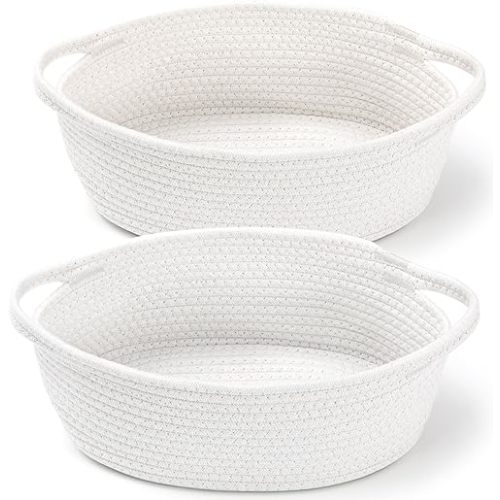 2 Pack Small Woven Basket with Gift Bags and Ribbons, Empty Decorative Gift Chest Box, Cute Baby Gift Basket for Nursery, Cotton Rope Room Shelf Storage Basket with Handles, All 12"x 8"x 5",White
