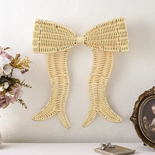 Wesiti Rattan Bow Wall Decoration Beige Boho Bow Wall Decor Woven Natural Hanging Woven Decor for Nursery Bedroom Home Farmhouse Decorations Weddings Housewarming Gifts