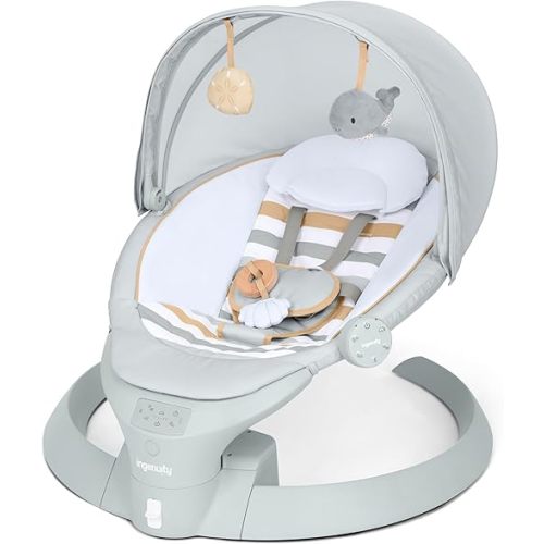 Ingenuity Inlighten Bounce & Sway Swing, Bluetooth Music, Canopy with Lights & Toys, Touch & Remote Controls, 3-in-1 Seat Modes, Machine Washable Pad, Ages 0+ Pebble Shore