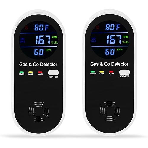 2 Packs Combination Gas & Carbon Monoxide Detector, 4-in-1 Natural Gas Detector & Carbon Monoxide Alarm with Temperature(°F) & Humidity,Propane & CO Detector for Home,RV,Apartment