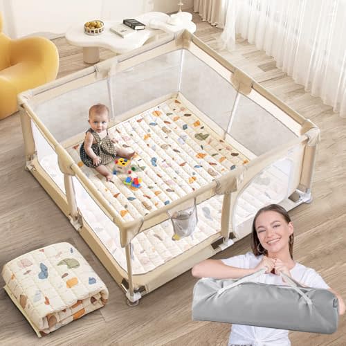 Baby Playpen with Mat, 50x50 Inch Playpens for Babies and Toddlers, Play Pen with Carrying Bag, Play Yard for Indoor and Outdoor with Visible Mesh(Beige Boho)