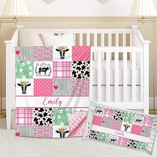 Personalized Crib Bedding Set for Girls, Custom Baby Crib Bedding Sets with Name, Farm Cow Pink 2 Pieces Nursery Bedding, Crib Comforter Crib Fitted Sheets for Newborn Babies