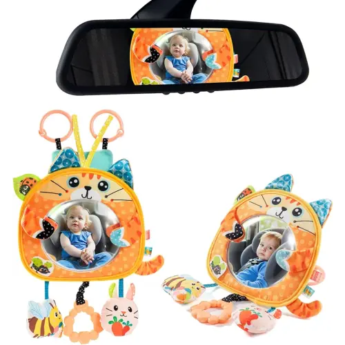Jollybaby Car Seat Mirror Toy for Baby Rear Facing, Carseat Backseat Stroller Crib Play Gym Hanging Toys for 0-3-6-12 Months,Tummy Time Mirror Toys Gifts for Newborn Infants - Cat