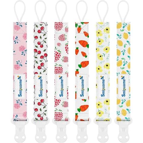 Smlpuame Pacifier Clip Girl,6 Pack Stylish Binky Clips Strap for Baby Girls,Paci Holder with Clip Lightweight Universal Fits Most Pacifiers Teether Toy Teething Ring Soothie,Baby Gift(Flower & Fruit)