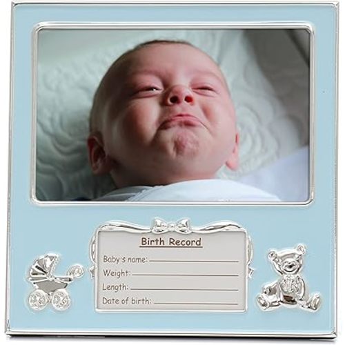 MIMOSA MOMENTS Bear and Pram Silver-tone Metal The Boys Picture Frame with Birth Details Tag (4x6 horizontal, Silver-tone & Blue)