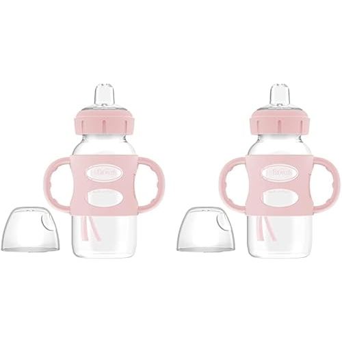 Dr. Brown's Milestones Wide-Neck Sippy Spout Bottle with 100% Silicone Handles, Easy-Grip Handles with Soft Sippy Spout, 9oz/270mL, Light-Pink, 2-Pack, 6m+