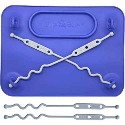 BUSY BABY Silicone Mat - Suction Cups, 4 Straps to Secure Baby Essentials, Self Feeding, Baby Led Weaning, Travel Sleeve Included (Violet)