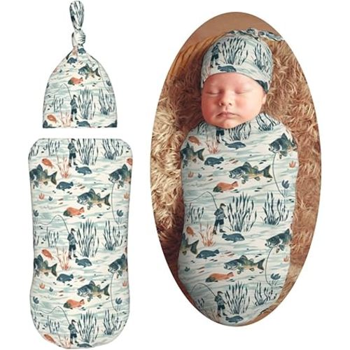 River Bass Fishes Newborn Swaddle Blankets Hat Sets Soft Baby Receiving Blanket Swaddle Sack for Baby Shower Infant Boy Girl Gift
