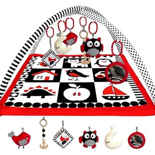 QUOKKA Padded Baby Gym Mat for Floor Tummy Time - High Contrast Baby Kick and Play Gym Mat - 6 Toys | Thick Pad | Machine Washable | Black White Red Colors for Vision Development
