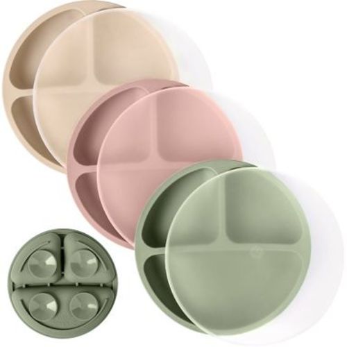 WeeSprout Suction Plates for Babies & Toddlers 100% Silicone Divided Design - With Lids, 3 Pack (Matte Green, Pink & Off White)