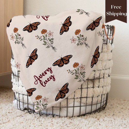 Custom Butterfly Baby Name Blanket Newborn Gift For Baby Girl Butterfly Blanket Baby Shower Gift Boho Flower Blanket Gift For Granddaughter
