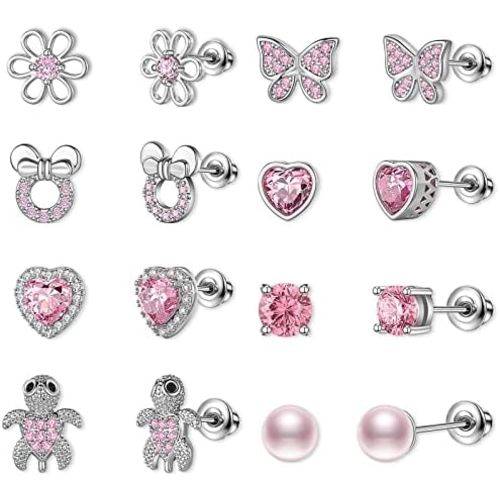 TOPBRIGHT 8 Pairs Hypoallergenic Earrings 925 Sterling Silver Stud Earrings Heart CZ Tiny Butterfly For Kids, Toddlers, Little Girls, Teens, Women
