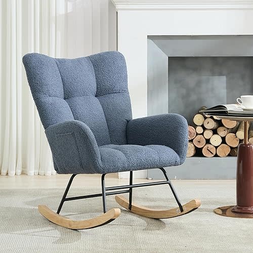 Rocking Chair Nursery, Teddy Upholstered Glider Rocker Rocking Accent Chair Padded Seat with High Backrest Armchair, Comfy Side Chair for Living Room Bedroom Office, Navy-Blue