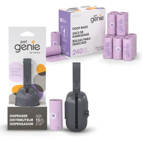 Pet Genie Poop Bags, Lavender Scented & Pet Genie On the Go Leash Attachment Dog Poop Bag Dispenser