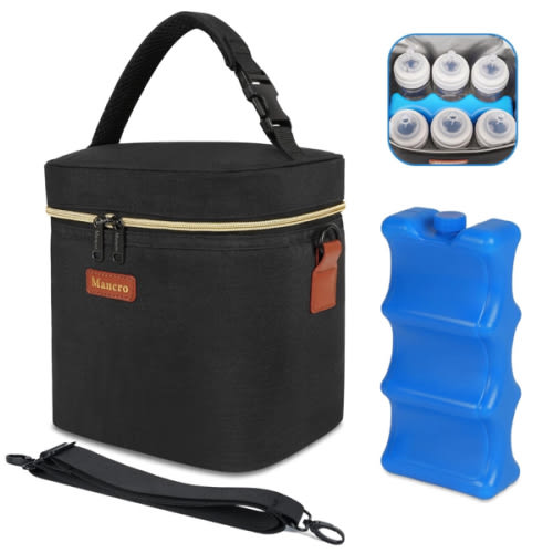 Mancro Breastmilk Cooler Bag with Ice Pack, Fits 6 Baby Bottles Up to 9 Ounce Insulated Baby Bottle Bag, Breast Milk Cooler on The go with Strap, Bottle Storage Bag for Nursing Mom Daycare, Black