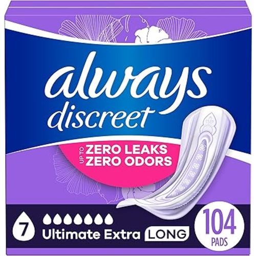 Always Discreet Adult Incontinence Pads for Women, Ultimate Extra Protect Absorbency, Long Length, Postpartum Pads, 104 CT