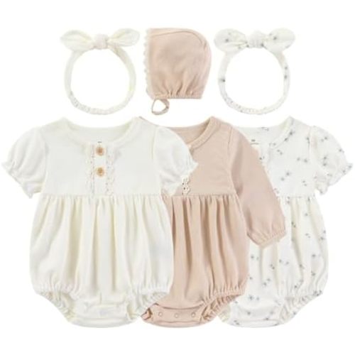 Kiddiezoom Baby Girl Cotton Fresh floral fragments Bubble Romper Cute straps and headscarves
