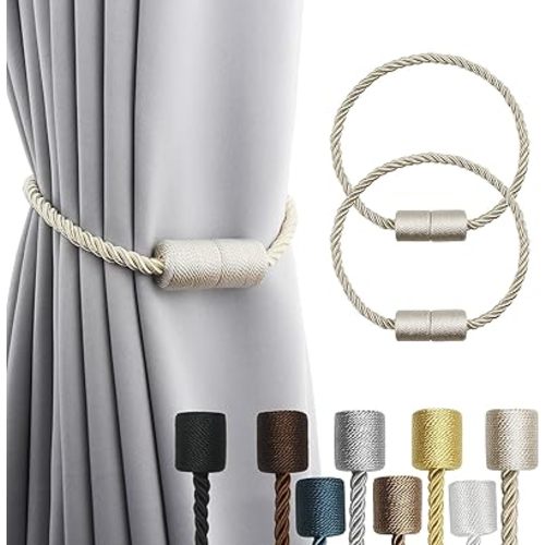2 Pack Beige Strong Magnetic Curtain Tiebacks Outdoor Elegant Decorative Tie Backs Modern Rope Tiebacks for Drapes Window Curtain Holdbacks for Draperies
