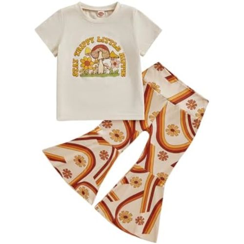Pudcoco Toddler Baby Girls Summer Clothes Boho Groovy Outfit Hippie Mushroom Bee T-shirt and Bell Bottoms Pants Set
