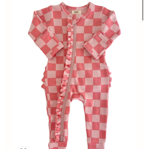 Strawberry/Rosy Checkerboard / Organic Frill Zip Footie – SpearmintLOVE