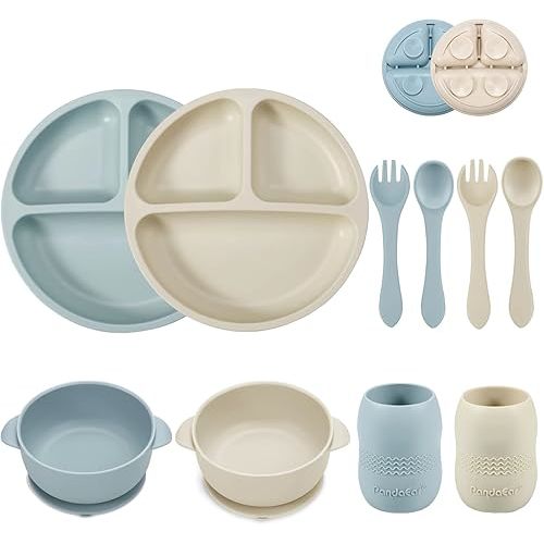 PandaEar Silicone Baby Feeding Set| 2 Divided Suction Plate + 2 Suction Bowl + 2 Tiny Cup with 2 Spoons| Baby Led Weaning Supplies Self Feeding Utensils (Blue White)